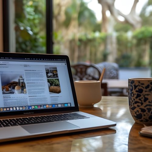 Laptop Coffee Mug Notebook Natural Light Greenery
